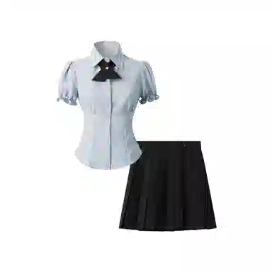 花山家的猫 纯色尖领单排扣合身短款短袖衬衫短款高腰百褶裙制服套装 女款