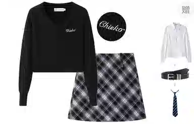 东鲸岁时记 港风复古绞花松弛感修身通勤长袖针织开衫字母刺绣格子包臀裙裙装套装 女款 黑色