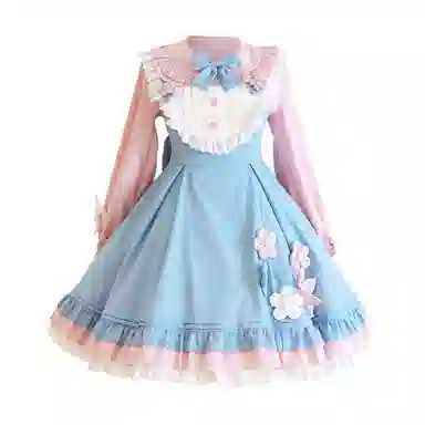 豹了个猫 梅花雪兔洛丽塔圆领中长款长袖连衣裙 蓝色