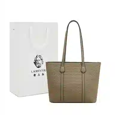 老人头 高级感通勤大容量鳄鱼纹休闲百搭托特包 牛皮革 单肩包 常规 女款 黑色/卡其色