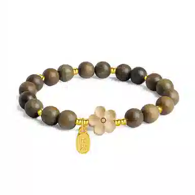 木盛缘 【招桃花】新中式国潮招财转运桃花简约森系木质佛念珠单圈复古好运莲莲 绿檀 手串 女款