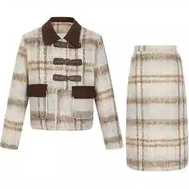 九条喵 毛呢学院长袖格纹外套中长裙裙装套装 女款 卡其色