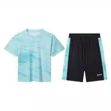唐狮童装 字母印花简约圆领短袖上衣松紧腰短裤休闲运动套装 儿童款 天蓝色