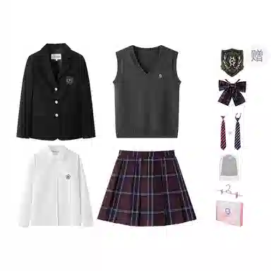 东鲸岁时记 学院风修身收腰西装高智感穿搭纯色格子百褶裙长袖衬衫针织开衫套装制服 女款