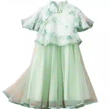 十月妈咪 中式国风短袖中长款网纱旗袍连衣裙汉服 夏 儿童款