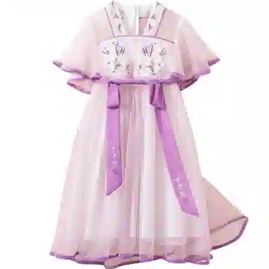 十月妈咪 童装 中国风网纱短袖儿童汉服 女童 长春花紫