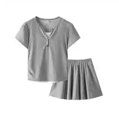 森马 短款假两件上衣松紧腰纯色伞裙裙装套装 女款