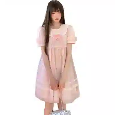 东鲸岁时记 可爱甜美独特绝美小裙子短袖连衣裙萝莉装 女款 粉色