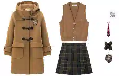 东鲸岁时记 穿搭学院风中长款牛角扣大衣针织开衫百褶裙通勤保暖制服 女款 驼色