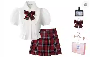 东鲸岁时记 学院风短款修身收腰短袖衬衫格子休闲百褶短裙裙装套装 夏季 女款