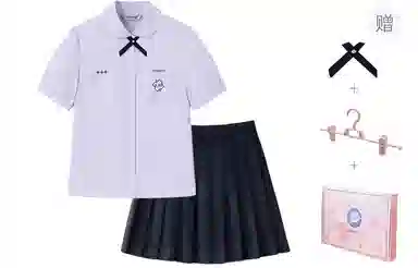 东鲸岁时记 泰式校服毕业季小清新穿搭学院风套装夏日多巴胺一整套翻领泡泡袖领结短袖衬衫纯色舒适百褶半身裙制服 女款 礼盒装