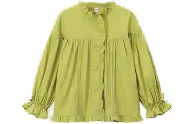 梦特娇 童装 纯色木耳边长袖衬衫 女童 黄绿色