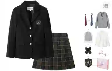 东鲸岁时记 学院风纯色开衫修身上衣格子百褶短裙制服 女款 礼盒装