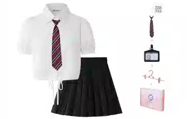 东鲸岁时记 学院风尖领辣妹风上衣百褶高腰下衣制服 女款 白色+黑色