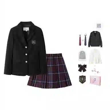 东鲸岁时记 学院风纯色开衫修身上衣格子百褶短裙制服 女款 礼盒装