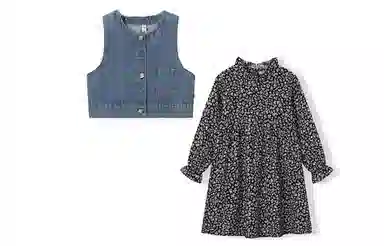 梦特娇 童装 圆领单排扣牛仔马甲碎花长袖连衣裙裙装套装 女童