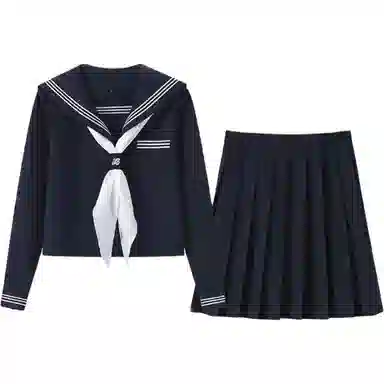 美丽衣橱 日系学院风海军领长袖衬衫纯色褶饰休闲短裙裙装套装 女款 藏蓝色