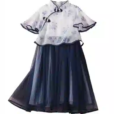 十月妈咪 中式国风短袖中长款网纱旗袍连衣裙汉服 夏 儿童款