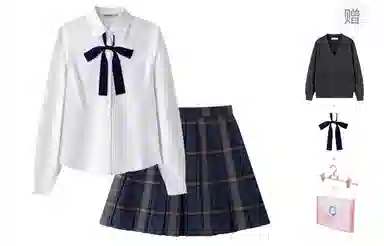 东鲸岁时记 学院风开学季舒适上衣纯色收腰修身格子半身裙制服 女款 白色+藏青