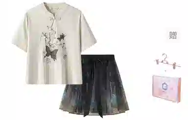 东鲸岁时记 新中式上衣宽松风国风半身裙百褶汉服 女款 礼盒装 新中式短袖+新中式短裙