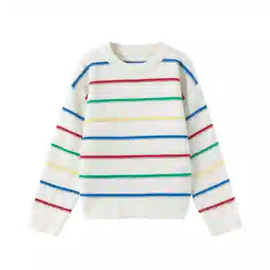 青蛙王子 圆领舒适条纹简约长袖毛衣 花米白 儿童款
