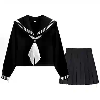 美丽衣橱 日系学院风海军领长袖衬衫纯色褶饰休闲短裙裙装套装 女款 藏蓝色