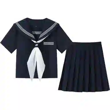 美丽衣橱 日系学院风海军领长袖衬衫纯色褶饰休闲短裙裙装套装 女款 藏蓝色