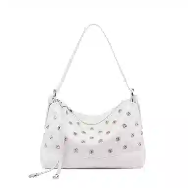 老人头 洋气小众潮流百搭手工镶钻上班通勤时髦松弛慵懒感 聚氨酯拼合成革 腋下包斜挎单肩包 女款 米白色