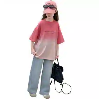 木木屋休闲运动套装 时尚渐变短袖搭配百搭舒适牛仔裤 西瓜红 青少年