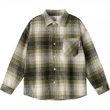 青蛙王子 翻领时尚简约开衫长袖衬衫 格子绿 青少年