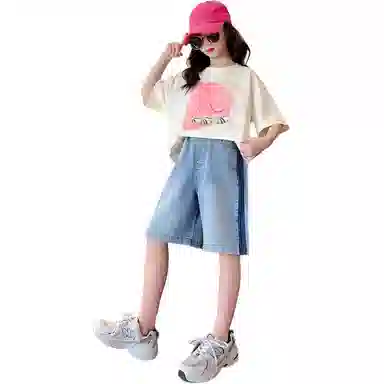 大童 蓝精灵 圆领短袖上衣舒适亲肤柔软纯色五分裤休闲运动套装 白色