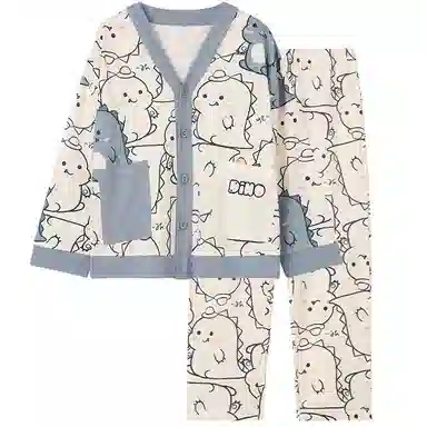 红豆 童装 纯棉单排扣长袖上衣松紧腰长裤睡衣套装 儿童款