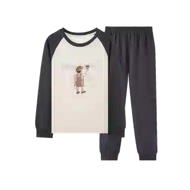 梦特娇 舒适圆领洋气长袖松紧腰长裤家居服 米杏拼灰蓝青少年