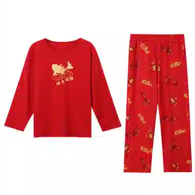 红豆家居服 动物图案圆领长袖上衣舒适长裤 中国红青少年