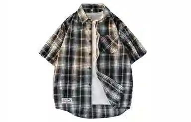 王者荣耀 标语款 美式复古格子宽松休闲舒适高街少年感高颜值百搭时尚潮流翻领纽扣短袖衬衫 男女同款