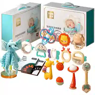 益米 婴儿安抚套装 牙胶摇铃 满月礼盒 早教益智玩具