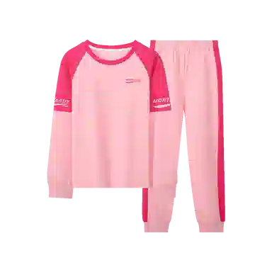 梦特娇 圆领亲肤插肩长袖拼色长裤家居服 浅粉拼玫红青少年