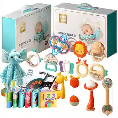 益米 婴儿安抚套装 牙胶摇铃 满月礼盒 早教益智玩具