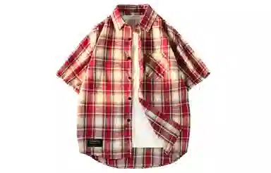 王者荣耀 标语款 美式复古格子宽松休闲舒适高街少年感高颜值百搭时尚潮流翻领纽扣短袖衬衫 男女同款