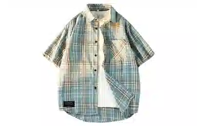 王者荣耀 标语款 美式复古格子宽松休闲舒适高街少年感高颜值百搭时尚潮流翻领纽扣短袖衬衫 男女同款