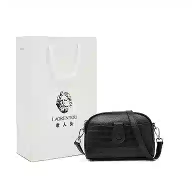 老人头 时尚简约百搭纯色高级质感 牛皮革 单肩斜挎包 女款 黑色