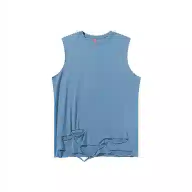 乱步 欧美高街美式纯棉宽松中长款纯色破洞下摆打底衫无袖背心 男女同款