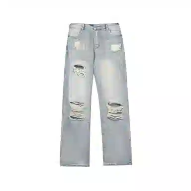 大卫贝肯 美式复古高街风水洗做旧重工破洞长裤舒适日常通勤时尚街头小众高级感痞帅百搭宽松直筒微喇牛仔裤 男女同款