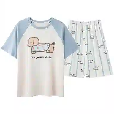 夏芬妍 柔软条纹萌狗翻领家居服休闲舒适短袖短裤时尚可外穿睡衣套装 男女同款
