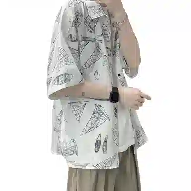 哲源 夏季薄款美式高街复古纯色满印图案卡通海边不规则沙滩旅游五分袖上衣百搭宽松休闲短袖衬衫 男女同款