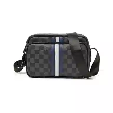 老人头 经典潮流百搭个性通勤格子蓝白条纹 合成革 单肩包 常规 男款 黑色