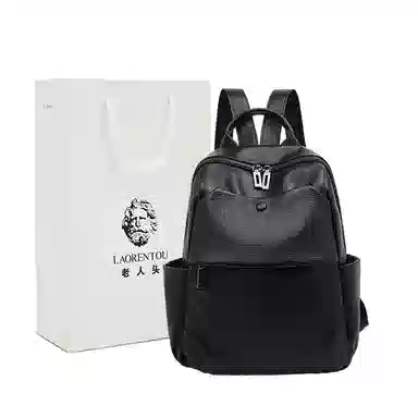 老人头 时尚潮流通勤大学生上课休闲百搭旅行背包 牛皮 双肩包 常规 女款 黑色/白色/粉色
