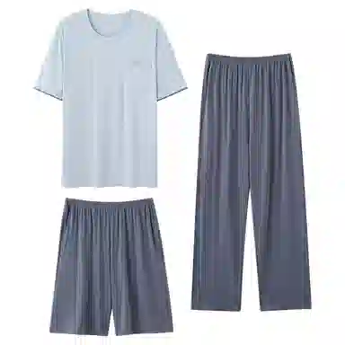 莫代尔 气质时尚个性大方圆领韩版百搭简洁休闲舒适柔软细腻短袖长裤家居服可外穿睡衣套装 男款