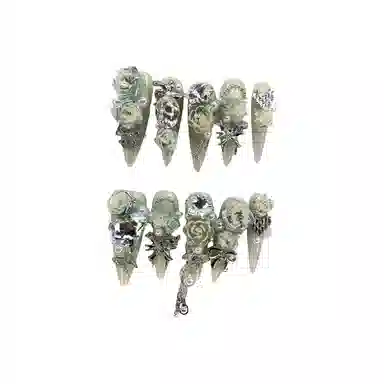 计轩 重工夜光花奢华蝴蝶玫瑰  穿戴甲 长款绿渐变 爆闪