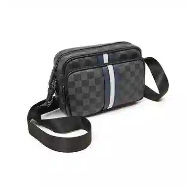 老人头 经典潮流百搭个性通勤格子蓝白条纹 合成革 单肩包 常规 男款 黑色